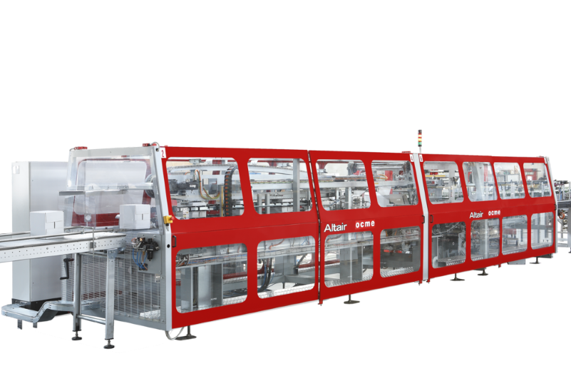Automated wrap-around case packer with red protective housing, transparent viewing panels, and conveyor equipment.