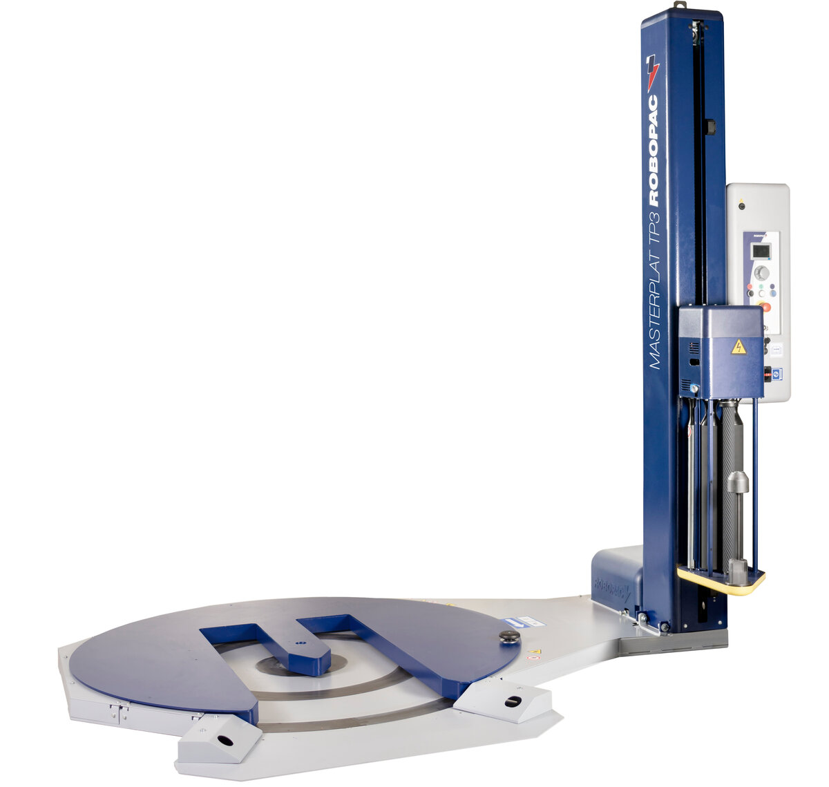 Turntable wrapping machine with shaped plate for pallet jack loading