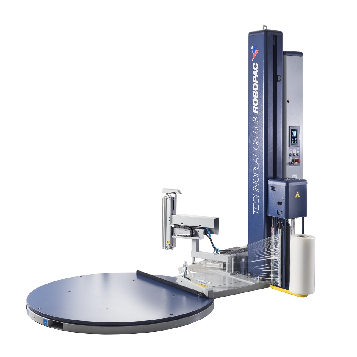 Turntable wrapping machines with clamping, cutting and film spreading